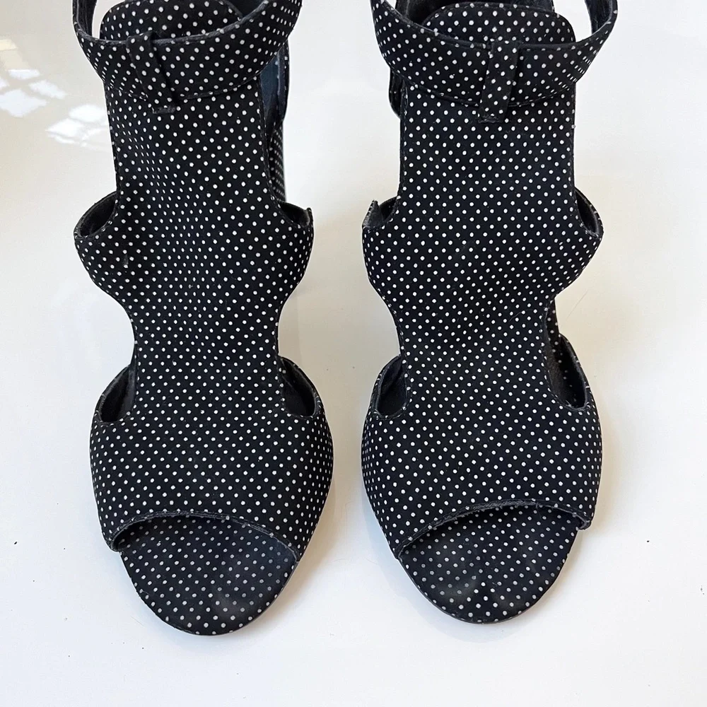 Baldi London Polka Dot Cage Sandal High Block Heel Open Toe Black White 8.5